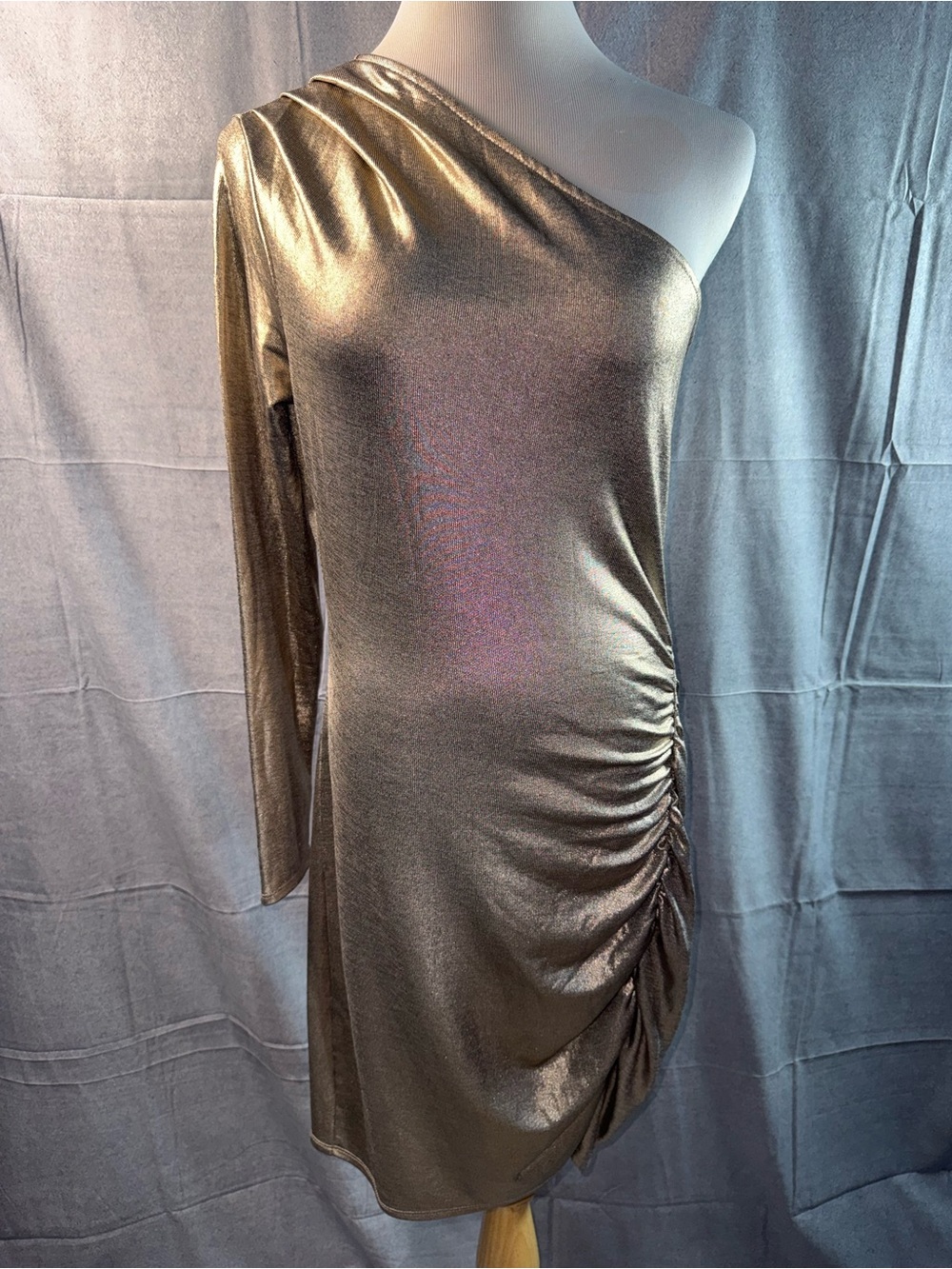 1766-Three Dots One-Shoulder Metallic Gold Ruched Cocktail Dress
